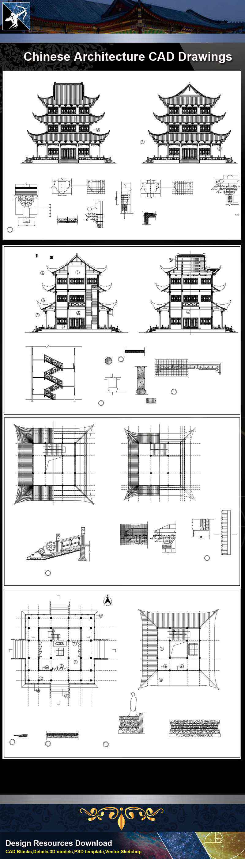 ★【Chinese Architecture CAD Drawings】@Chinese Temple Drawings,CAD Details,Elevation V.2